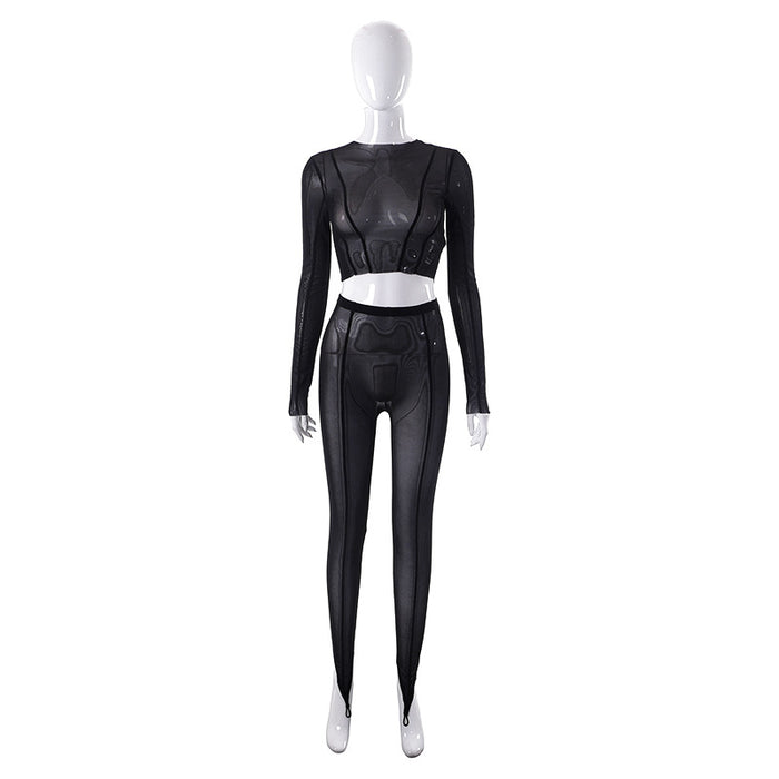 Women  Clothing Suit Mesh See through Casual Trousers Two Piece Set