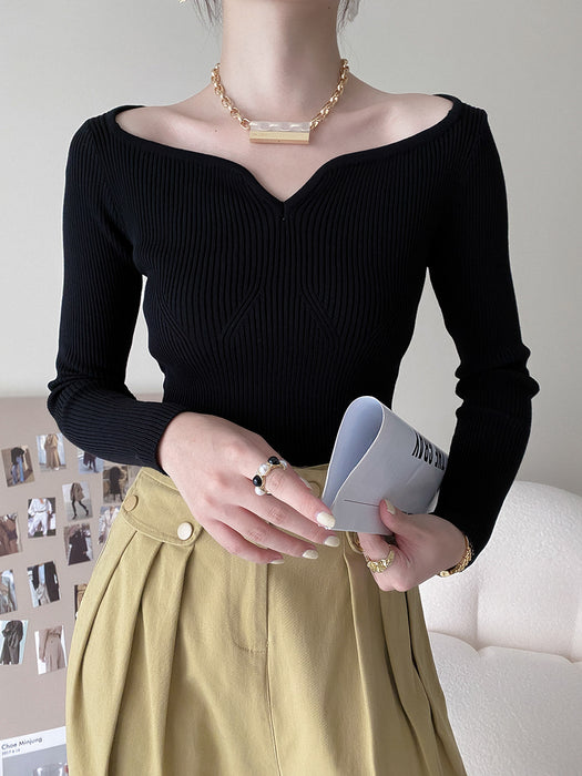 Petal Collar Short Sweater for Women Autumn Slim Fit Collarbone Bottoming Shirt