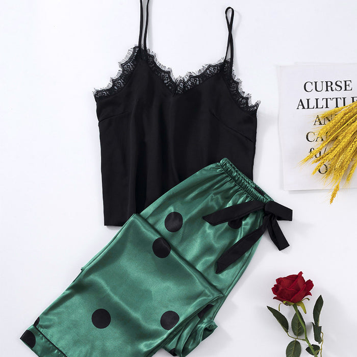 Dark Green Pajamas Women Summer V-neck Suspender Trousers Two Piece Set Loose Polka Dot Comfortable Homewear