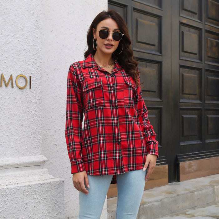 Plaid Shirt Brushed Long Sleeve Mid-Length Loose Shirt Women Top Women Clothing