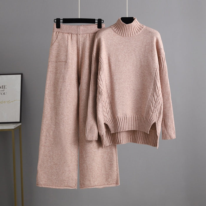 Autumn Winter Fashionable Stylish Sweater Suit Drape Knit Wide Leg Pants two piece set Women