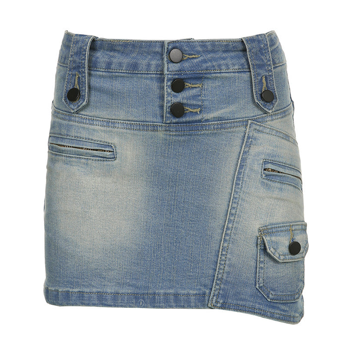 Retro Distressed Denim Skirt Sexy Low Waist Skirt Irregular Asymmetric Zipper Splicing Package Hip Skirt