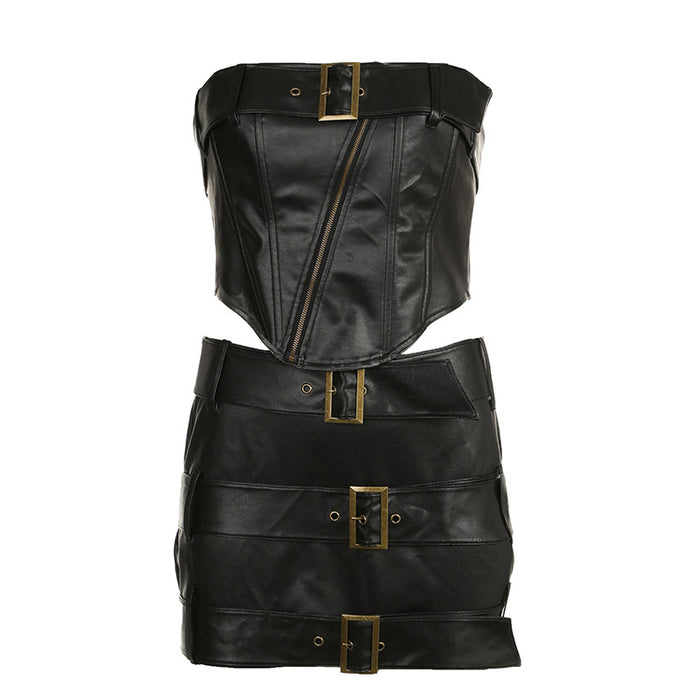 Punk Metallic Belt Adjustable Irregular Asymmetric Zipper Chest Wrap Skirt Set Sexy Motorcycle Two Piece Set