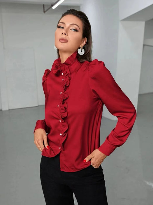 Women  Shirt Autumn High Grade Acetate Fabric Shirt Half Sleeve Ruffled Straight Women  Top