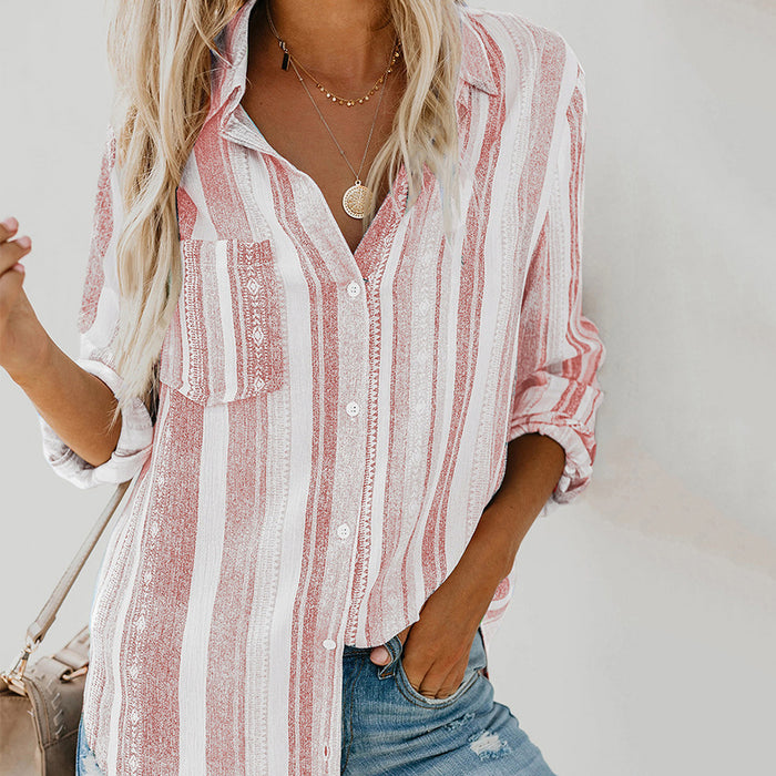 Autumn Striped Collared Long Sleeve Cardigan Single-Breasted Shirt Women