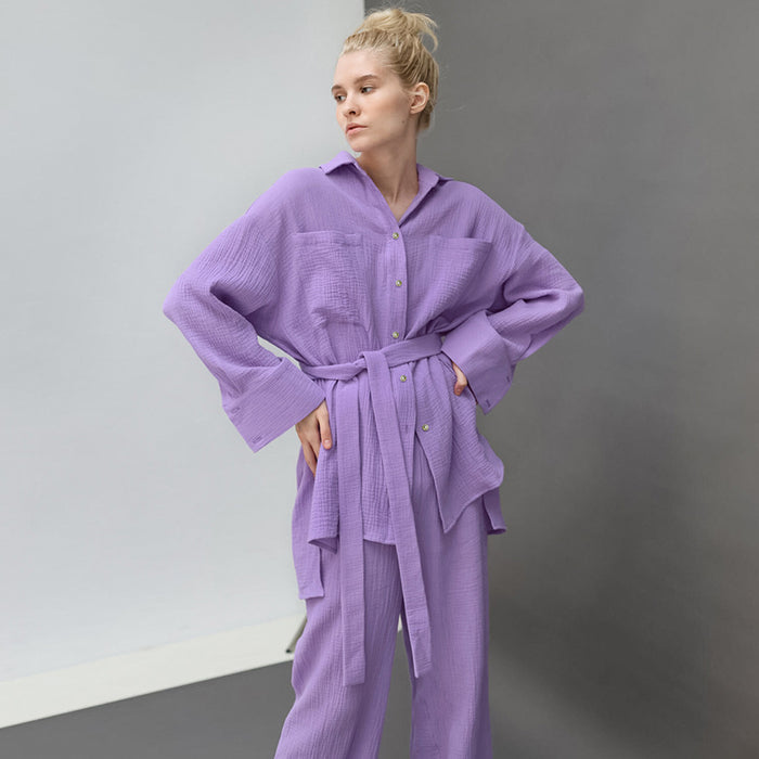 Autumn Double Layer Crepe Pajamas Women Lace up Shirt Pajama Pants Two Piece Solid Color Loose Home Wear Can Be Worn outside