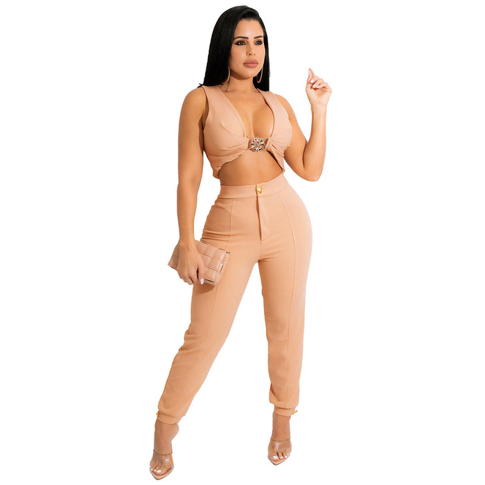 Solid Color Tight Sleeveless Knitted Two-Piece Vest Pants Suit for Women