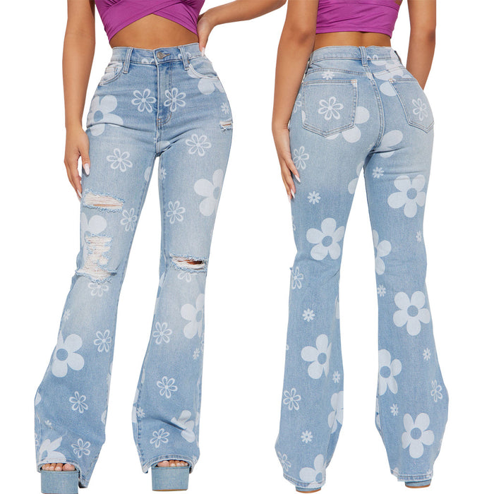 Printed Denim Stretch Slim Fit Bell Bottom Pants