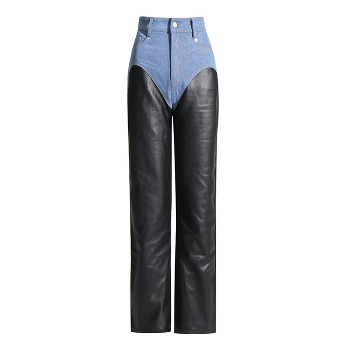 Fall Trendy Design Stitching Contrast Color Faux Leather High Waist Straight Casual Pants Women Fashionable Trousers