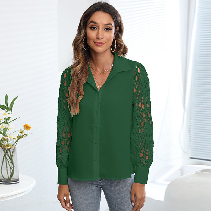 Spring Summer Women Solid Color Top Casual Lace Stitching Shirt