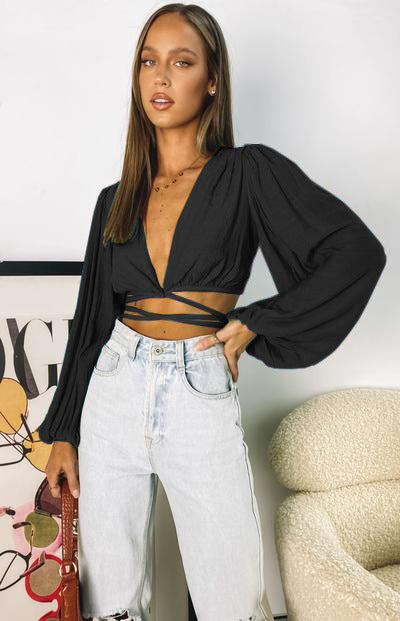 Solid Color Women Summer Breathable Lantern Sleeve Sexy V-neck Lace-up Cardigan Crop Top Short Top Sun Protection Shirt