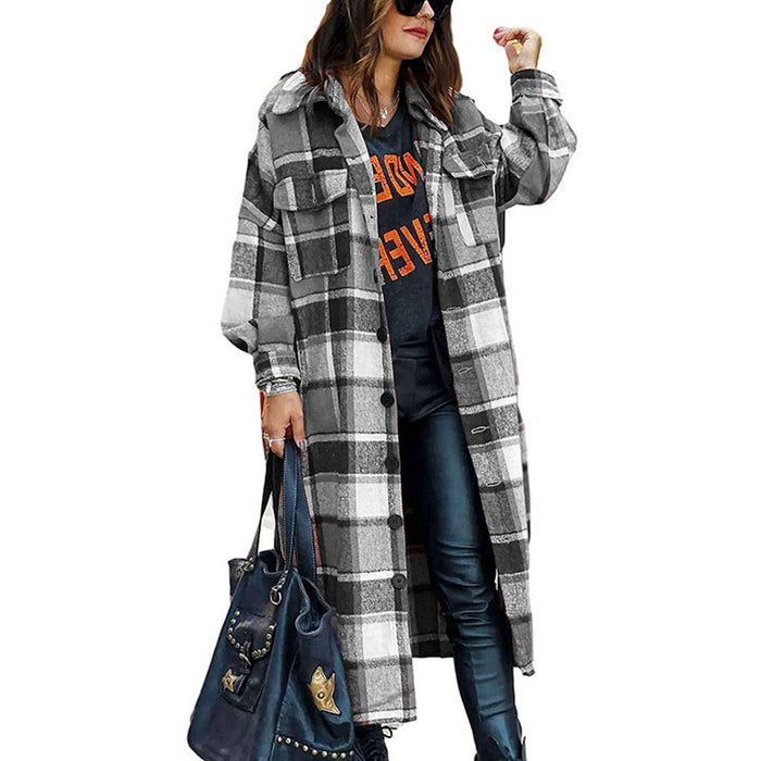 Autumn Winter Long Trench Coat Side Slit Collared Slim Women Woolen Plaid Coat