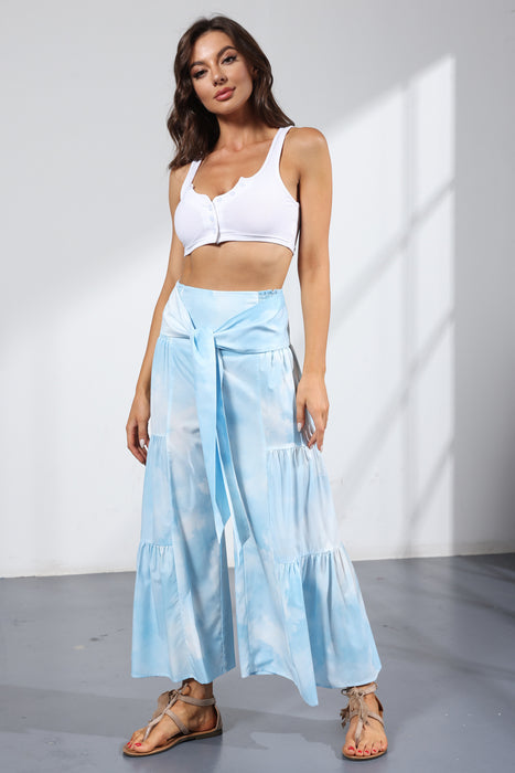 Summer New Digital Printing Women Clothing Loose Casual Cropped Pants Beach Wide-Leg Pants Lace-up Pants