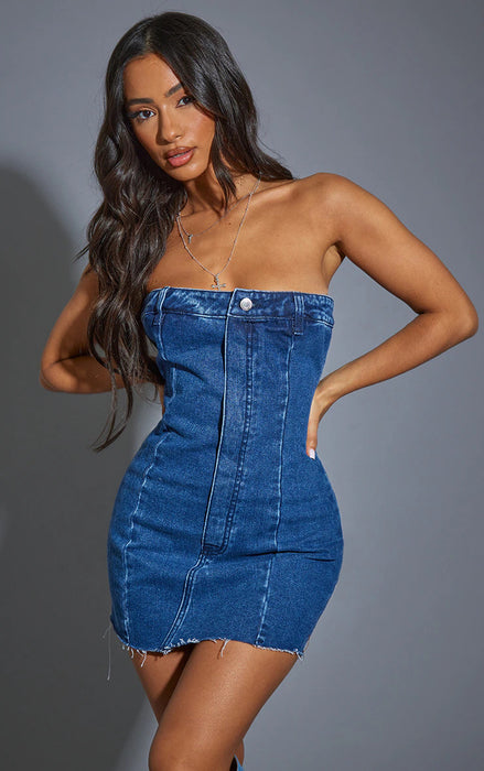 Spring Summer off Shoulder Slim Fit Sexy Wash Denim Package Hip Dress