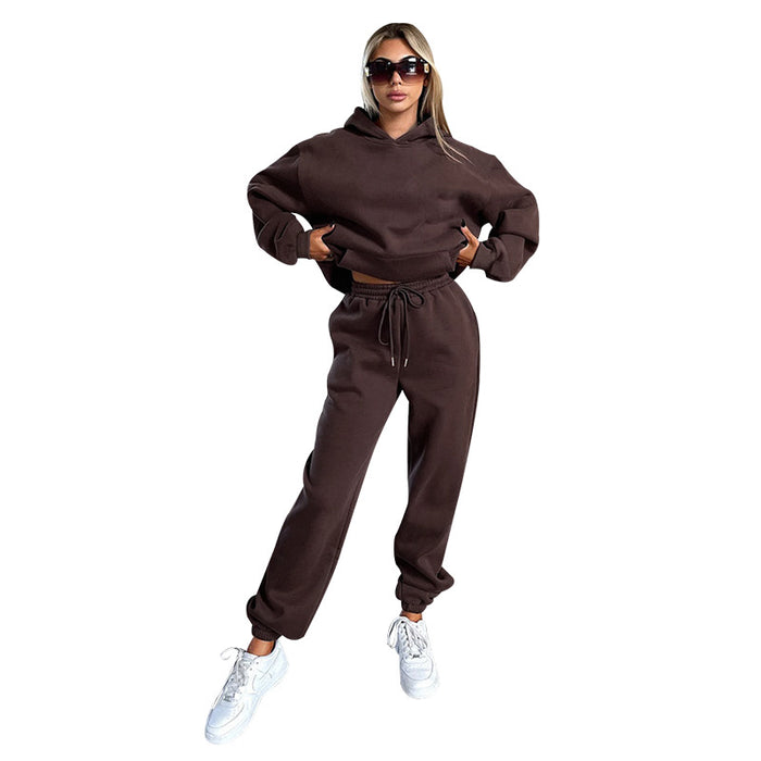 Autumn Winter Solid Color Long Sleeve Hooded Fleece Lined Sweater Women Casual Trousers sets