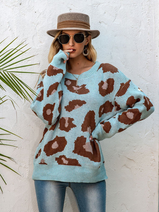 Leopard Print round Neck Sweater Autumn Winter Loose Pullover