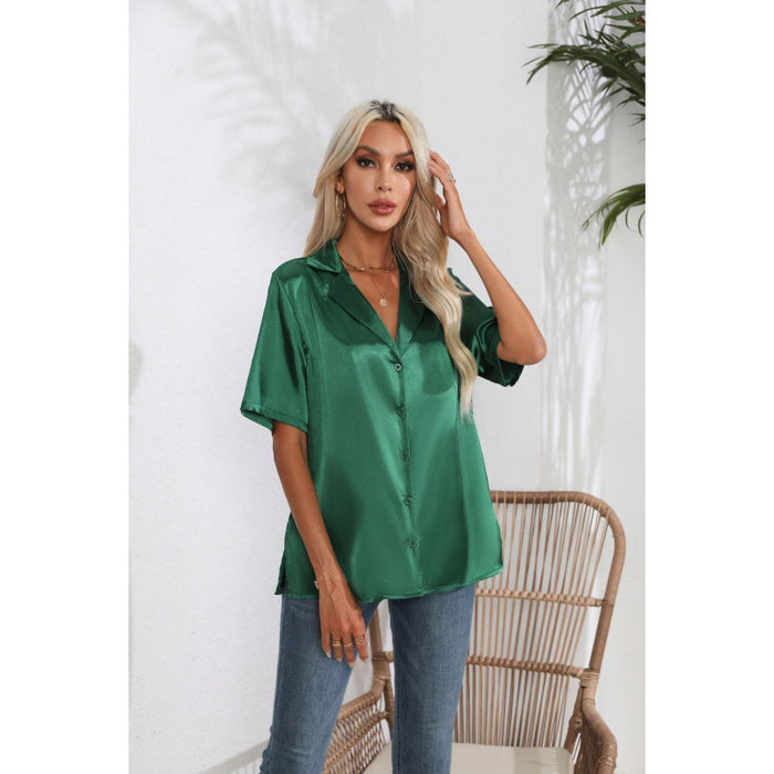 Satin Shirt Women Satin Artificial Silk Short Sleeve Shirt