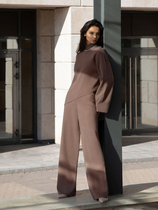 Autumn Winter Comfortable Turtleneck Asymmetric Hem Wide Leg Trousers Suit