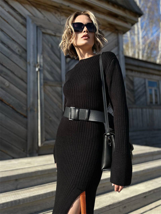 Split Color Matching Tight Fall Winter Sweater Dress Long Sleeve Knitted Midi Dress