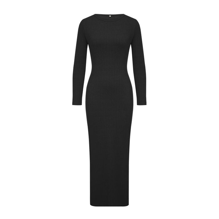 Dress Autumn Solid Color round Neck Long Sleeve Slim Dinner Maxi Dress Women