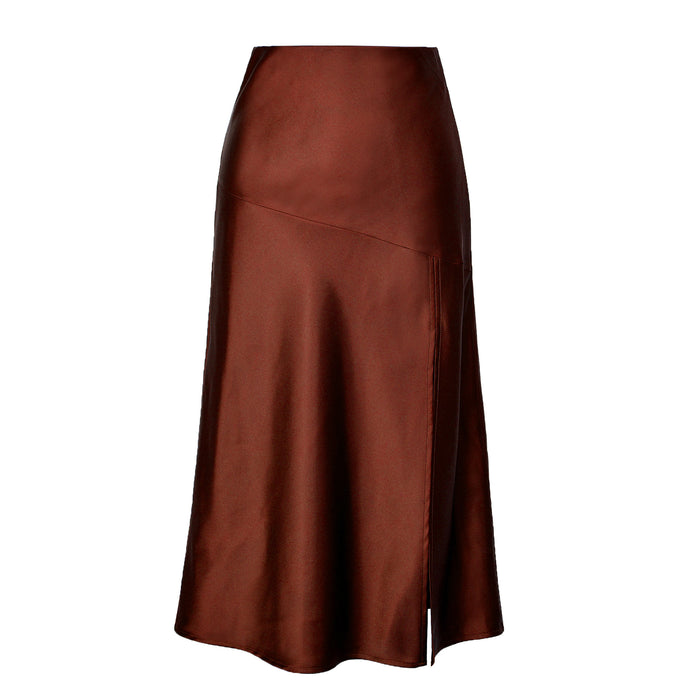 High Waist Glossy Satin Skirt High End Silky Solid Color Split Long Skirt Large Swing Skirt Women