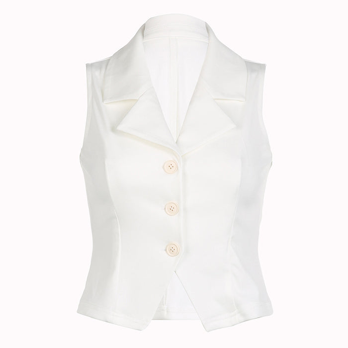 Collar Breasted Vest Shirt Solid Color Basic Irregular Asymmetric Cropped Sleeveless Sexy Top