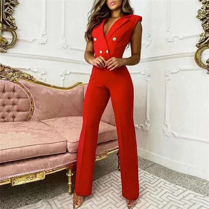 Spring Summer Women Clothing  Color Matching Button V-neck Sleeveless Houndstooth Jumpsuit Business Wear for Women