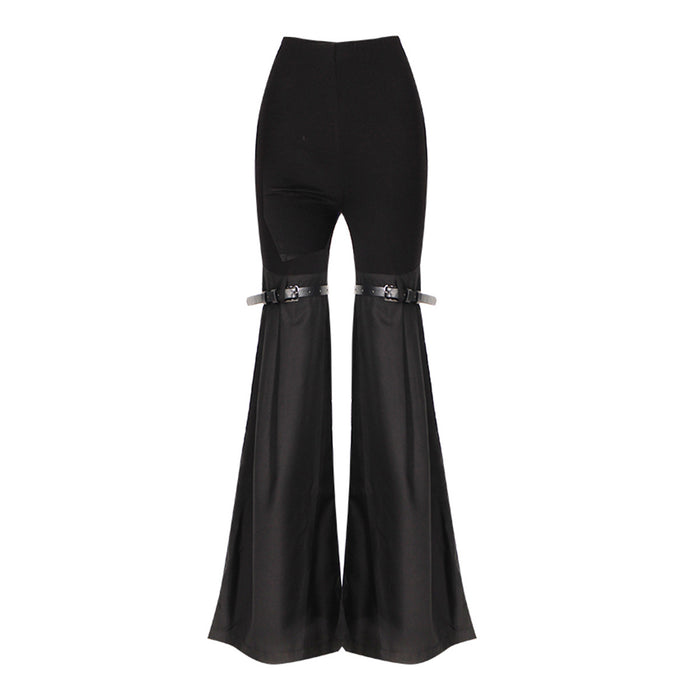 Special Interest Design Trousers Women  Knee Belt Slim Fit Slimming Sheath Long Leg Knitted Stitching Bell Bottom Pants