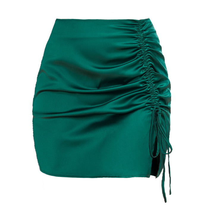 Solid Color Pleating Hip Skirt  Sexy High Waist Zipper Satin Skirt Women Summer Women Clothing