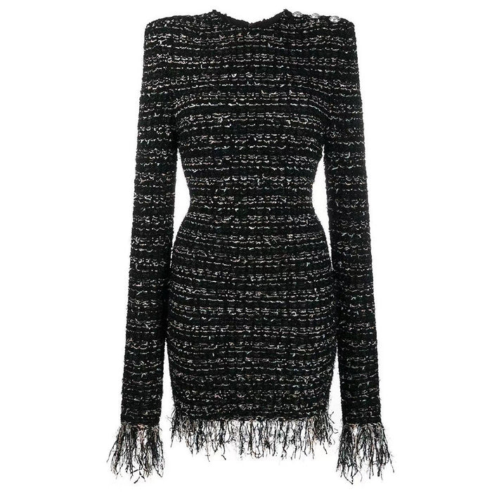 Striped Woolen Tassel Edge Long Sleeved Slim Fit Short Dress High Quality Dress