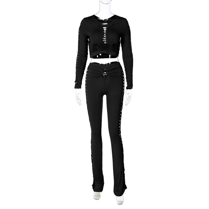 Women Clothing Autumn Sexy round Neck Long Sleeve Top Hollow Out Cutout Slim Trousers Set