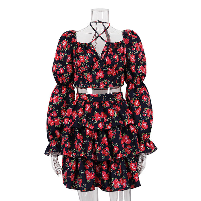 Sexy Floral Suit Long Sleeve Backless Halter Sling Top Puff Short Skirt Two Piece Set