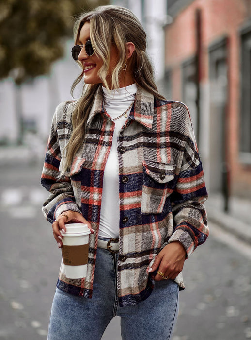 Plaid Shacket Autumn Winter Long Sleeved Shirt Casual Women