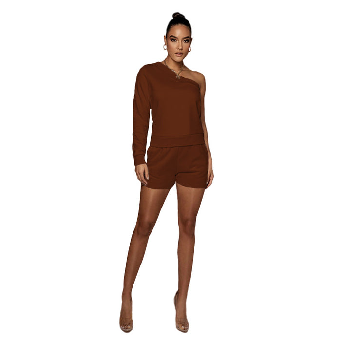 Urban Casual Solid Color Pullover off-the-Shoulder Shorts Women Fleece Lined Slim Fit Long Sleeve Sweater Set