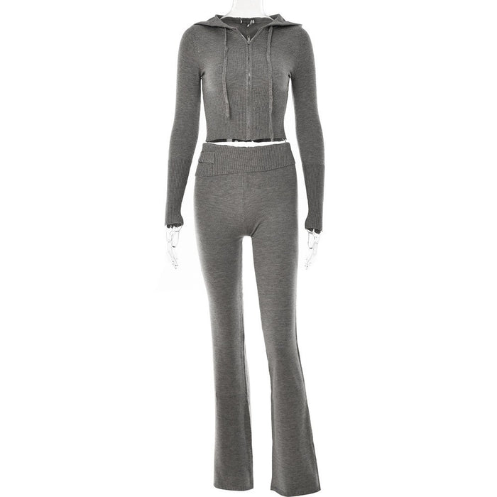 Knitted Hooded Women Sexy High Waist Long Sleeved Trousers Two Piece Set