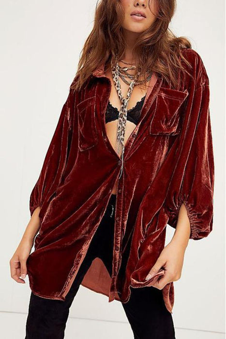 Autumn Winter Pleuche    New Loose Lantern Sleeve Long Shirt Top