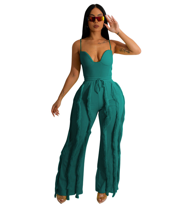 Women Clothing Suit Tassel Lace Sling Jumpsuit Two Piece Set Straight Leg Pants Summer