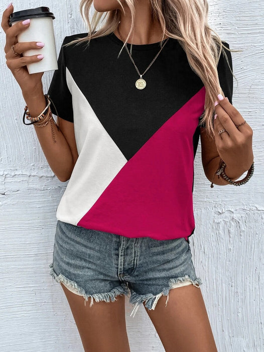 Women Clothing Summer Color Contrast Patchwork round Neck T shirt Loose Casual Women Top