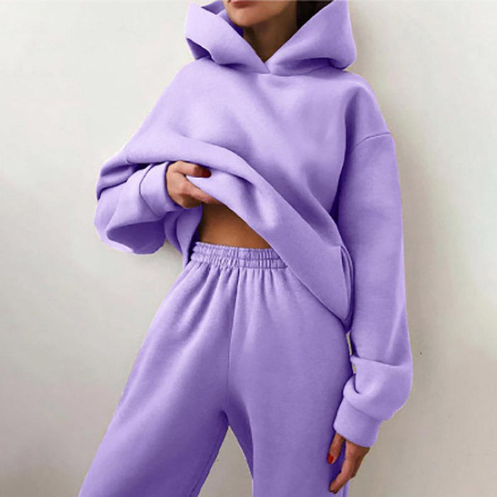 Autumn Winter Women Clothing Solid Color Trousers Thickened Long Sleeve Hooded Sweater Casual Set