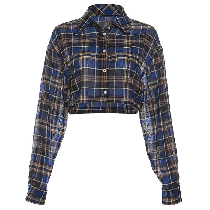 Autumn Women Clothing Retro Printed Checks Collared Cardigan Short Jacket