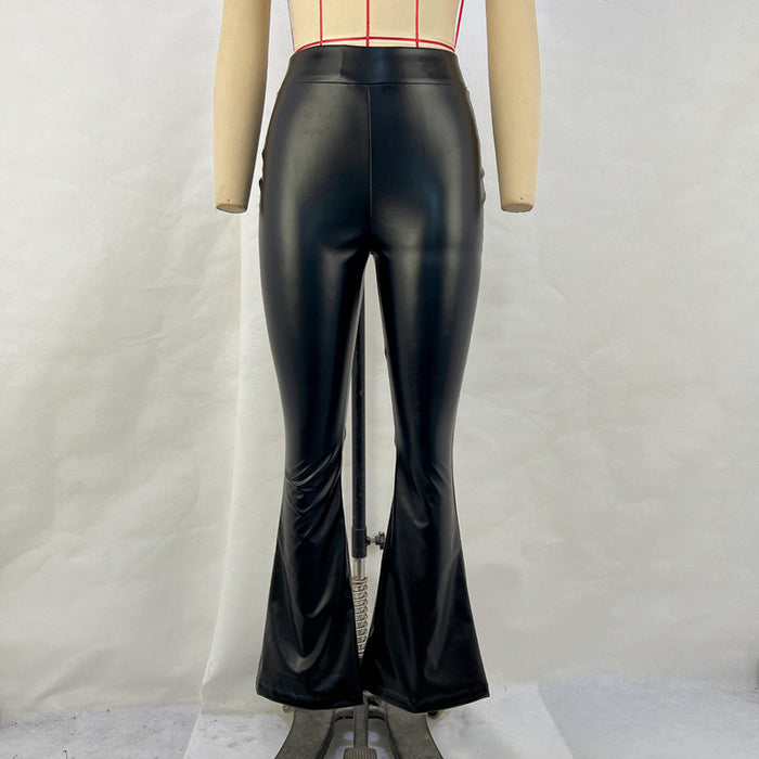 Women Clothing Winter High Waist Light Sense Faux Leather Pants Trousers Black Glossy Flared Pants Women Pants