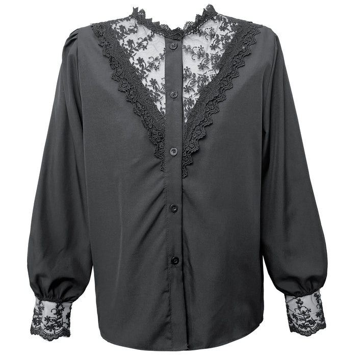 Autumn Winter Lace Shirt Lantern Sleeve Single Breasted Top