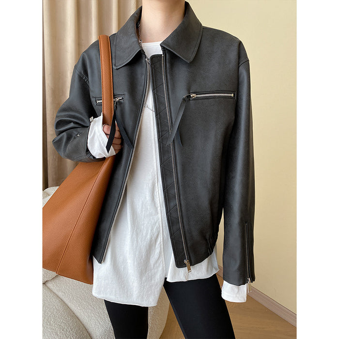 Modern Special Distressed Mottled Early Autumn Zipper Shape Leather Jacket Coat