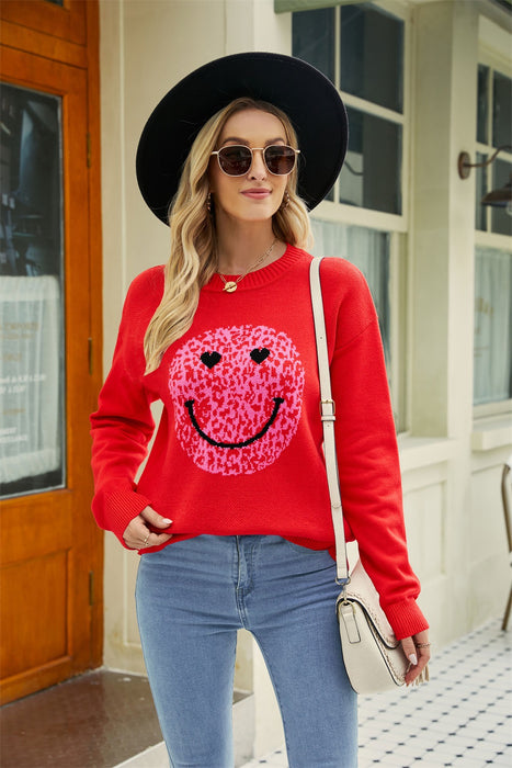 Winter Women Clothing Love Valentine Day round Neck Sweater Women Smiley Face