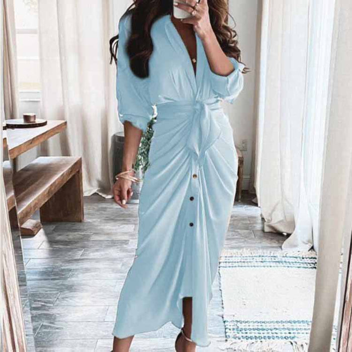 Summer Long Sleeve V neck Buttons Elegant Dress Maxi Dress Women Clothing