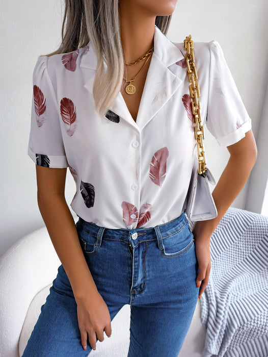 Summer Elegant Collar Feather Loose Short Sleeve Shirt Women Clothing