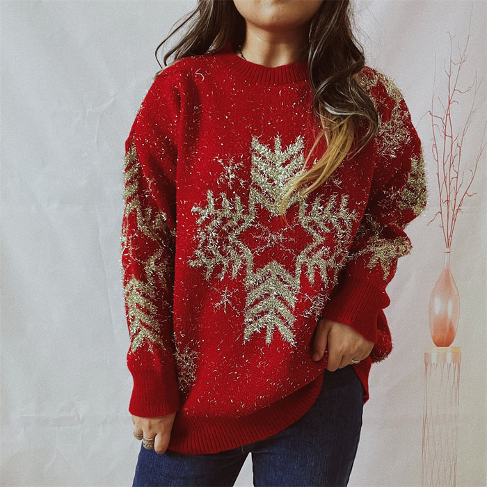 Autumn Winter Loose Gold Line Big Snowflake Christmas Sweater Round Neck Long Sleeved Thickened Pullover Women