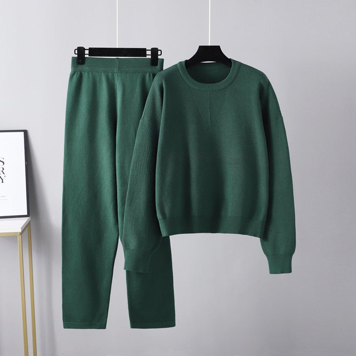 Autumn Winter Loose Casual Sweater Two Piece Set Solid Color Knitting Suit Women