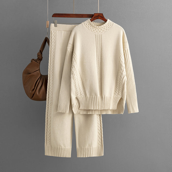 Suit Women Autumn Winter Casual Solid Color Loose Knitted Mock Neck Sweater Two Piece Set