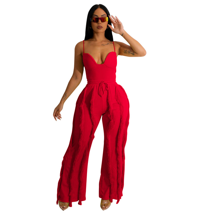 Women Clothing Suit Tassel Lace Sling Jumpsuit Two Piece Set Straight Leg Pants Summer